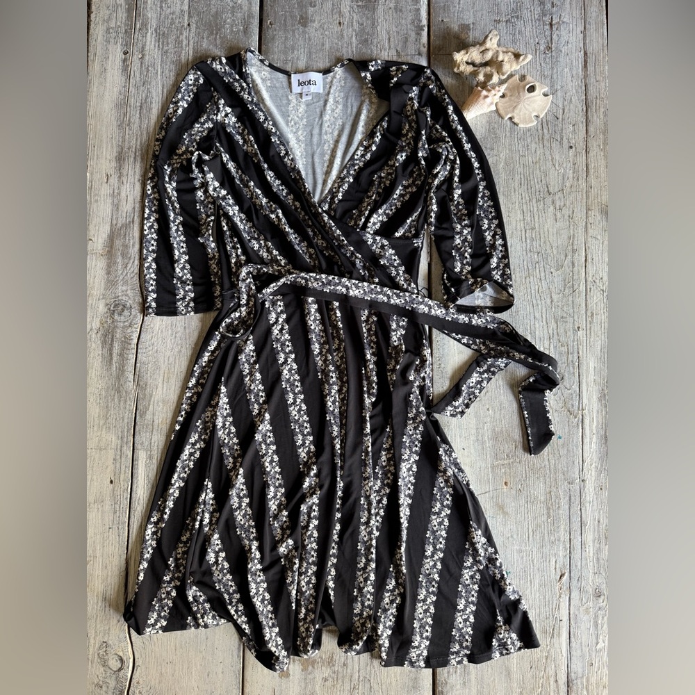 Leota Black and White Wrap Dress with belt